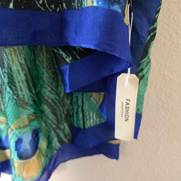 Silk Peacock Feather Print Scarf Green Blue Silk Wrap Shawl Lightweight Boho - Picture 5 of 8